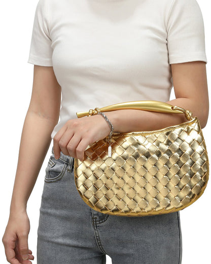 Woven Leather Top Handle Clutch